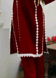 Maroon Kurta Set with White Lace Detail