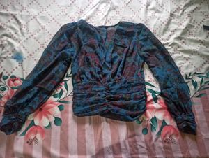 Moody Floral Teal Ruched Crop Top, V-Neck