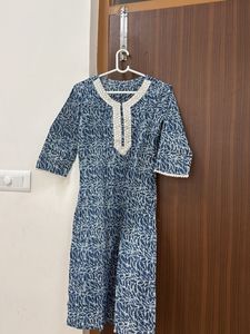 Blue Printed Kurta with Embellished Neckline