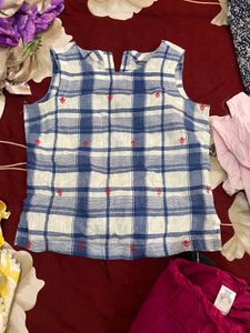 Blue &amp; White Plaid Embroidered Top