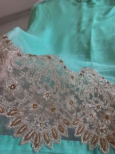 Elegant Mint Green Saree with Gold Embroidery
