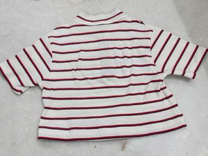 Striped Cropped T-Shirt with Zipper Neck