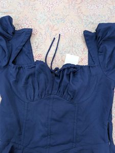 Navy Blue Puff Sleeve Midi Dress corset look