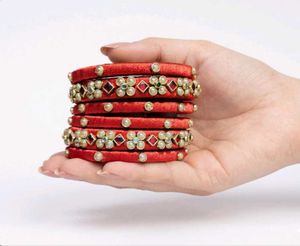 Red Silk Thread Bangles with Pearls &amp; Stones