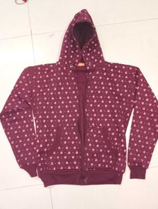 Maroon Heart Print Zip-Up Hoodie