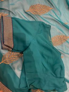 Teal &amp; Gold Leaf Saree