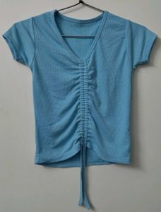 Chic Blue Ruched V-Neck Tee