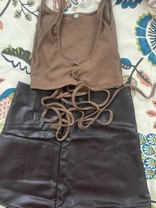Ribbed Lace-Up Crop Top &amp; Faux Leather Skirt Set