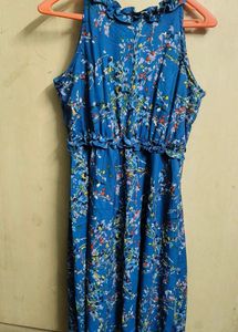 Blue Floral Print Midi Dress with Ruffle Neck