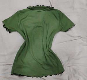 Chic Green Collar Pico Crop Top Short Sleeves