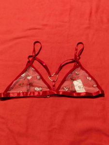 Red Heart Print Strappy Bra
