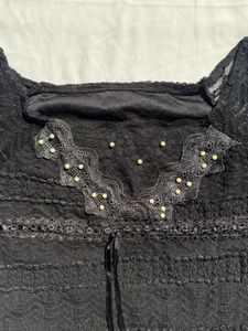 Elegant Black Lace Top with Pearl Detail