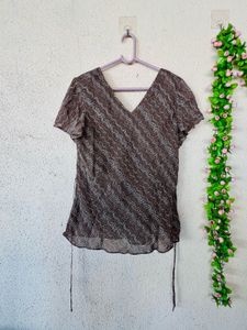 Sheer Brown Patterned V-Neck Top