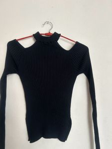 Black Ribbed Cut-Out Shoulder Top