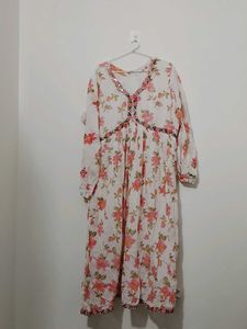 Floral Print Kurta with Embellished Neckline