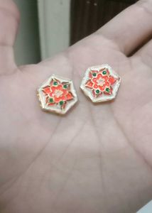 Floral Enamel Stud Earrings - Gold Tone