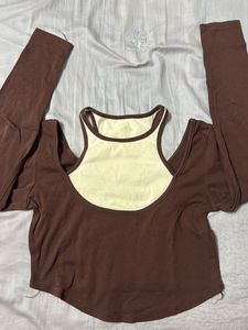 Brown Cold Shoulder Layered Long Sleeve Top