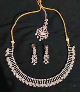 Sparkling CZ Necklace Earring Maang Tikka Set
