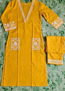 Yellow Kurta Set with White Embroidery