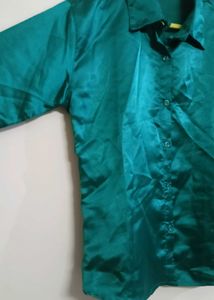 Elegant Emerald Satin Button-Down Shirt