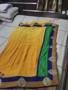 Vibrant Yellow Saree with Green &amp; Blue Border