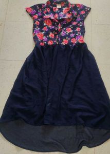 Navy blue dress with printed upper body and collar