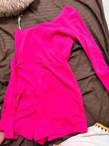 Hot Pink One-Shoulder Cut-Out Romper