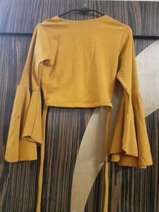 Women's Mustard Yellow Bell Sleeve Wrap Top