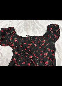 Korean black red rose Floral Print Midi slit Dress