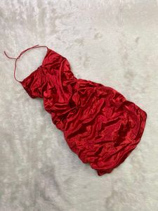 Stunning Red Satin Ruched Halter Dress