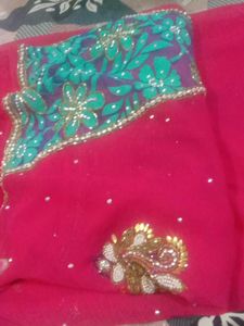 heavy stone and aari work Pink Saree
