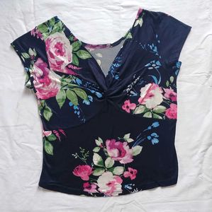 Navy Floral Twist Front Cap Sleeve Top
