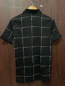 Men's Black Polo Shirt with Grid Pattern