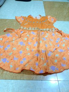 Orange Floral Print Dress for Girls