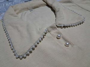 Cream Ribbed Pearl Collar Top