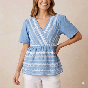 Blue Embroidered Wrap Top
