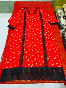 Red Printed Kurta with Black Bottom