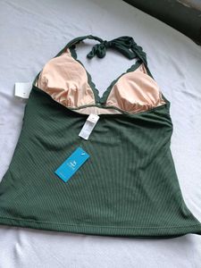 Green Ribbed Scalloped Bikini Top
