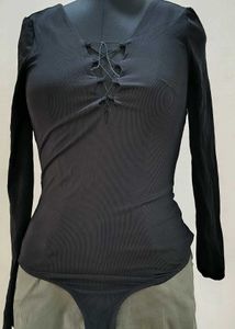 Black Ribbed Lace-Up Long Sleeve Top