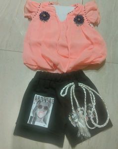 Cute Peach Top & Black Shorts Set