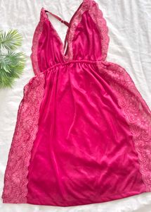 Pink Satin &amp; Lace Babydoll Nightdress