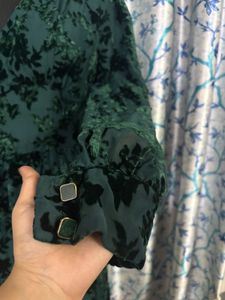 Elegant Green Floral Velvet Dress