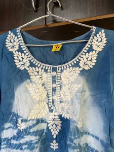 Embroidered Blue &amp; White Kurti Top