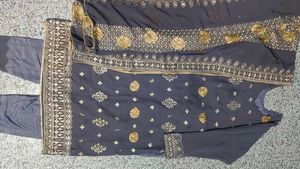Elegant Grey Kurta Set with Gold Embroidery