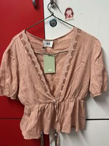 H&M Dusky Pink Lace Trim Peplum Blouse