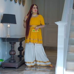 Kurta, Sharara pant, Shell belt with necklace