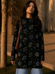 Women's Black Floral High Neck Long Knit Sweater