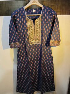 Navy Blue Kurta with Pink Floral Print