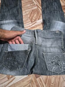 Pocket Embroidery Grey Vintage Jeans For Women