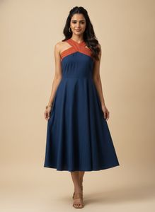 Chic Blue & Orange Halter Neck Dress